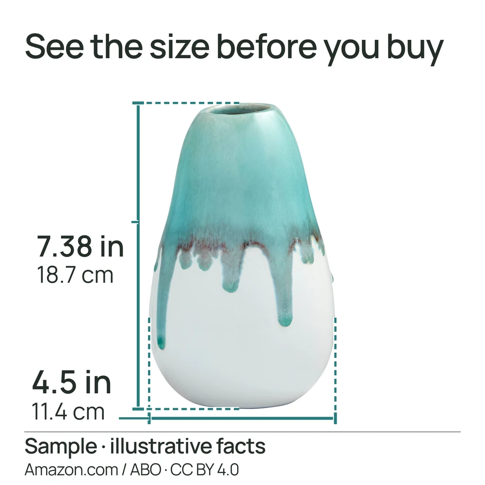Actual free-editor vase size graphic with manually placed dimension lines and labels